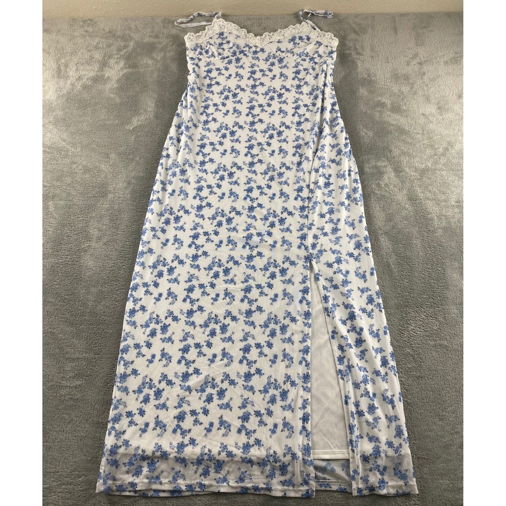 No Boundaries Floral Mesh Maxi Dress Blue White Lace Trim Slit Womens L. 12-14